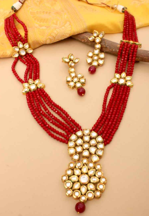 Golden Red Beaded Necklace Set