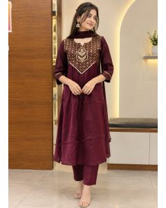 Wine Embroidered Anarkali Kurti with Pants & Dupatta Set