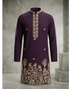 Men's Purple Embroidered Kurta
