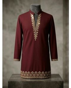Men's Maroon Embroidered Kurta